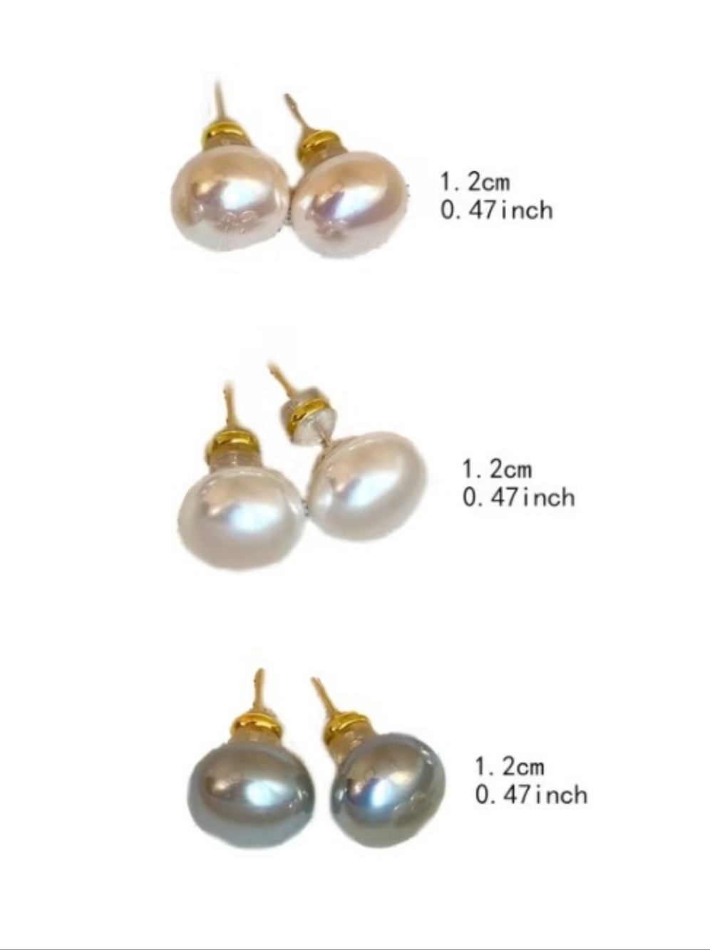 NEW! 3-Pair Pearl Stud Earrings in White, Gray And Beige